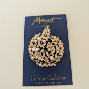 Monet Gold and Pearl Leaf Brooch Vintage Collection 90th Anniversary